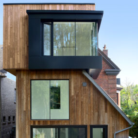 Modern home with vertical Thermory Benchmark Ash Cladding in the color Exotic Brown