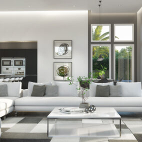 Modern all white living room featuring several windows by YKK